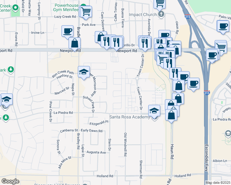 map of restaurants, bars, coffee shops, grocery stores, and more near 27293 Fielder Road in Menifee