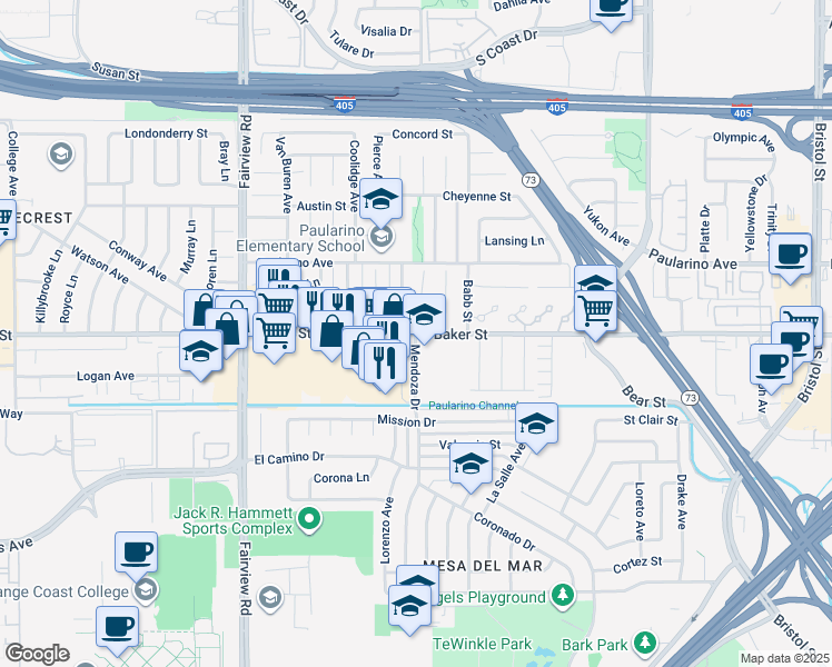 map of restaurants, bars, coffee shops, grocery stores, and more near Baker Street & Mendoza Drive in Costa Mesa