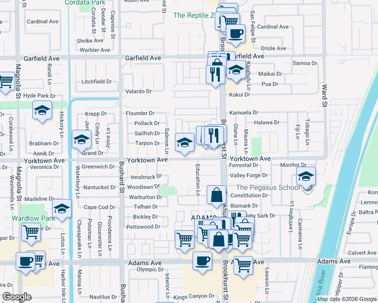 map of restaurants, bars, coffee shops, grocery stores, and more near 9811 Fair Tide Circle in Huntington Beach