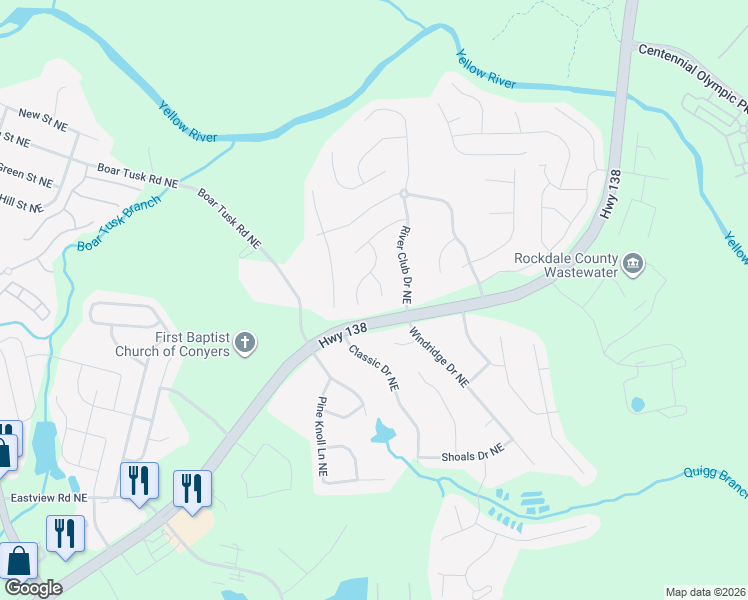 map of restaurants, bars, coffee shops, grocery stores, and more near 1549 Riverbrooke Way Northeast in Conyers
