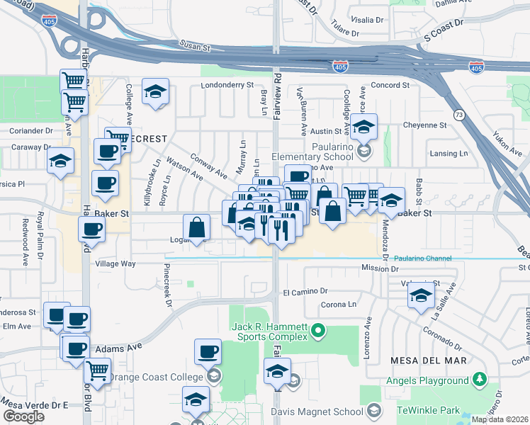 map of restaurants, bars, coffee shops, grocery stores, and more near 126 East 18th Street in Costa Mesa