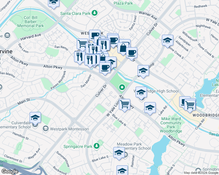 map of restaurants, bars, coffee shops, grocery stores, and more near 25 Woodleaf in Irvine