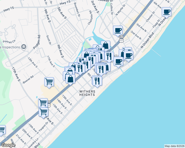 map of restaurants, bars, coffee shops, grocery stores, and more near 350 8th Avenue South in Myrtle Beach