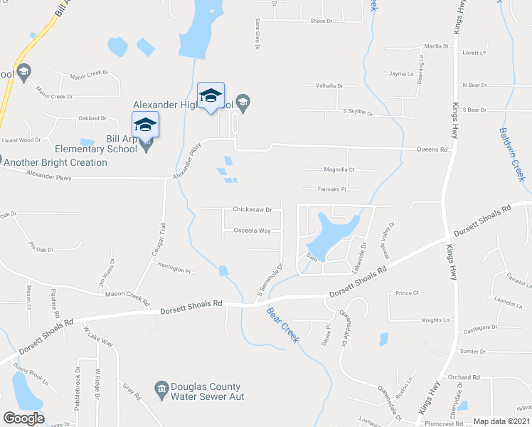 map of restaurants, bars, coffee shops, grocery stores, and more near 6451 Chickasaw Drive in Douglasville