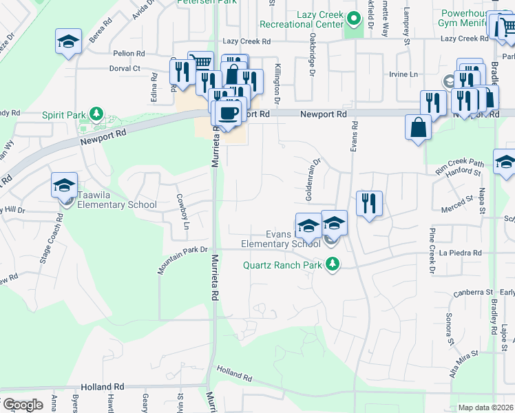 map of restaurants, bars, coffee shops, grocery stores, and more near 30264 Puerto Vallarta Way in Menifee