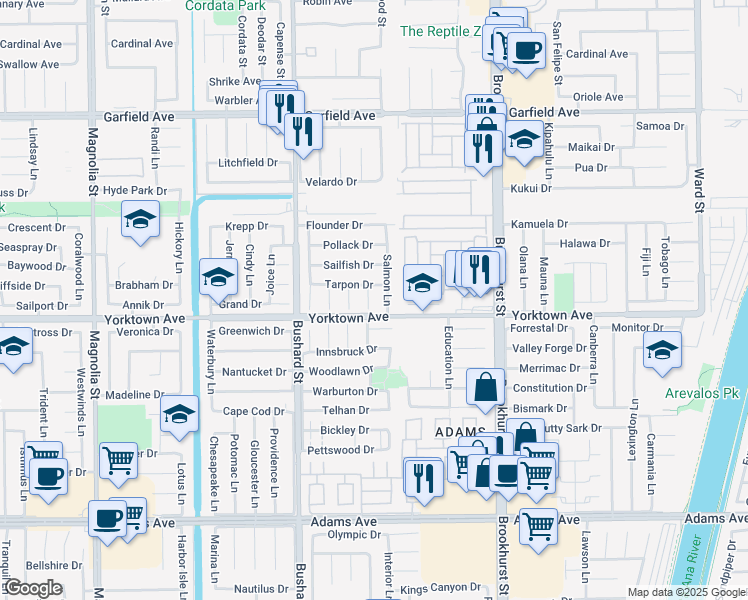 map of restaurants, bars, coffee shops, grocery stores, and more near 19511 Rockland Lane in Huntington Beach