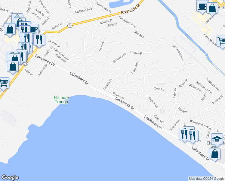 map of restaurants, bars, coffee shops, grocery stores, and more near Ryan Avenue in Lake Elsinore