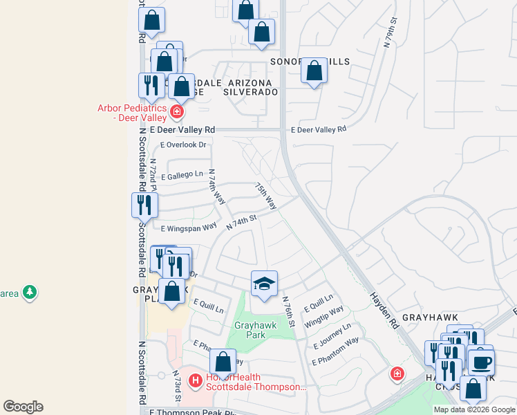 map of restaurants, bars, coffee shops, grocery stores, and more near 7606 East Windwood Lane in Scottsdale