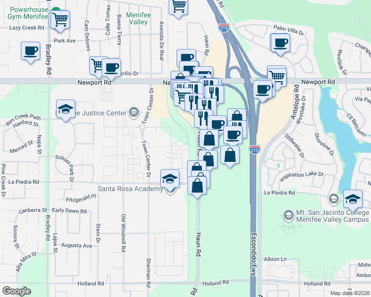map of restaurants, bars, coffee shops, grocery stores, and more near 30397 Village Knoll Drive in Menifee