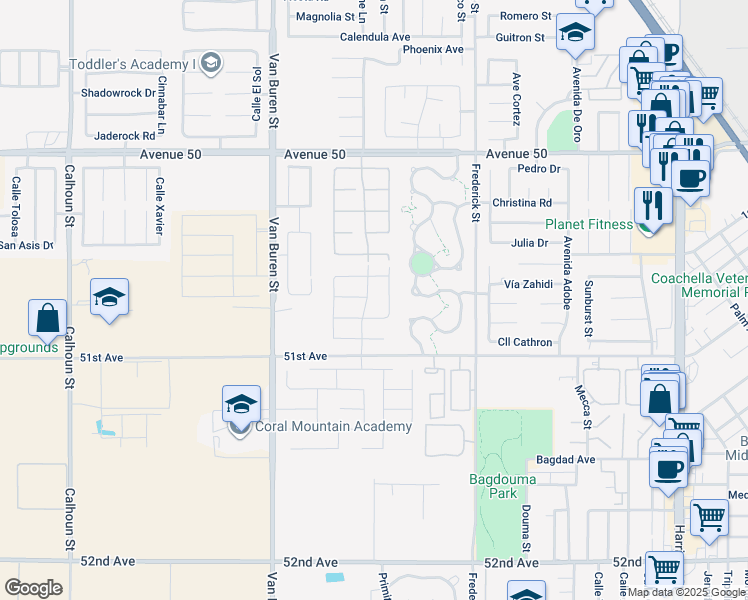 map of restaurants, bars, coffee shops, grocery stores, and more near 50656 Calle Cervantes in Coachella
