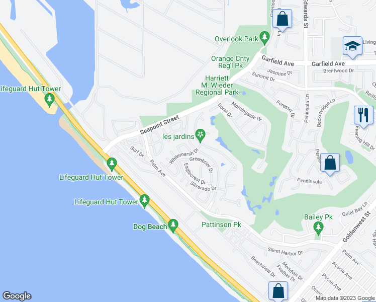 map of restaurants, bars, coffee shops, grocery stores, and more near 6112 Greenbrier Drive in Huntington Beach