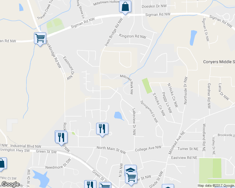 map of restaurants, bars, coffee shops, grocery stores, and more near 1061 Laurel Lane Northwest in Conyers
