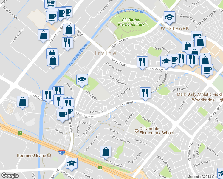 map of restaurants, bars, coffee shops, grocery stores, and more near 5 Terraza in Irvine