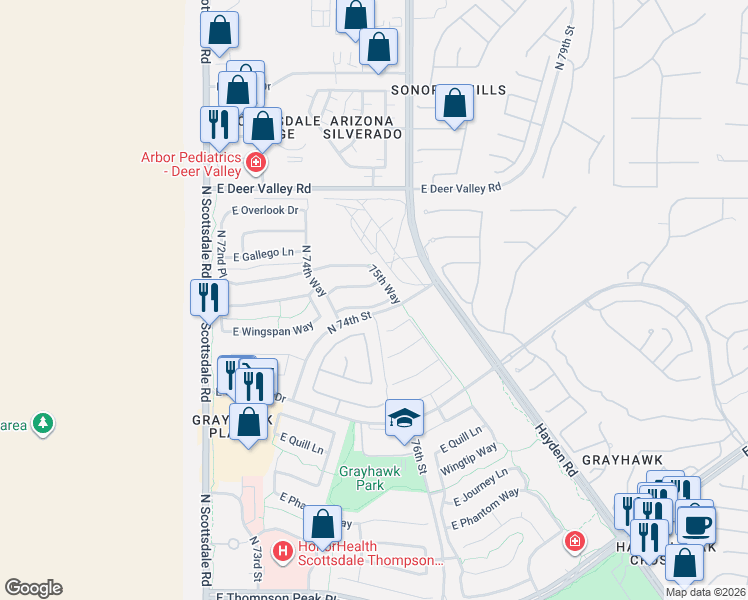 map of restaurants, bars, coffee shops, grocery stores, and more near 7606 East Windwood Lane in Scottsdale