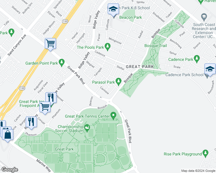 map of restaurants, bars, coffee shops, grocery stores, and more near 197 Carmine in Irvine