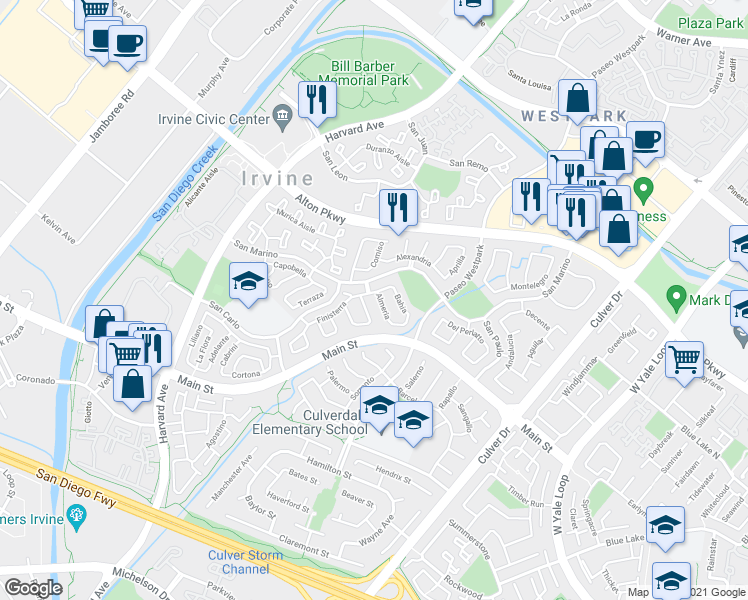 map of restaurants, bars, coffee shops, grocery stores, and more near 17 Almeria in Irvine