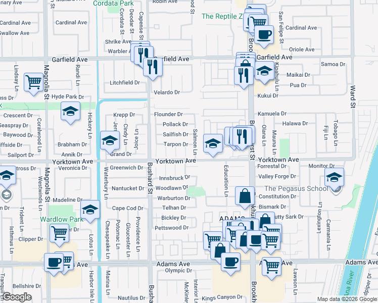 map of restaurants, bars, coffee shops, grocery stores, and more near 19511 Rockland Lane in Huntington Beach
