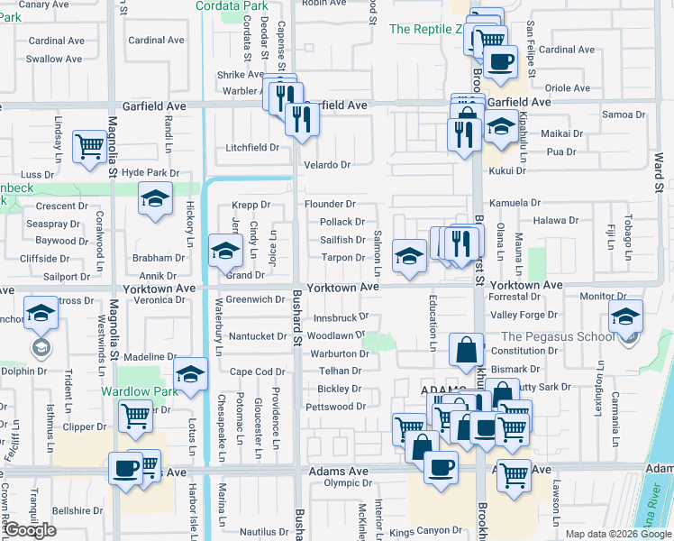 map of restaurants, bars, coffee shops, grocery stores, and more near 19511 Rockland Lane in Huntington Beach