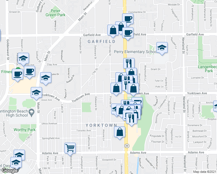 map of restaurants, bars, coffee shops, grocery stores, and more near 3 Yorktown Avenue in Huntington Beach