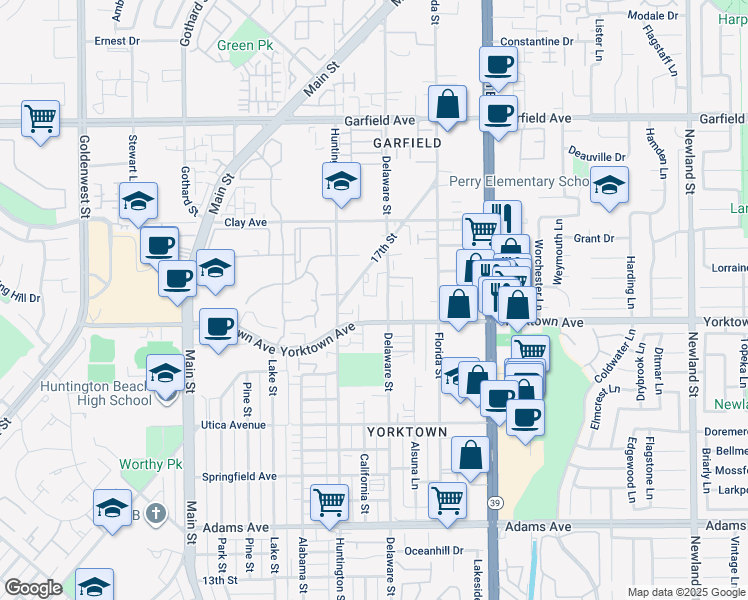 map of restaurants, bars, coffee shops, grocery stores, and more near in Huntington Beach