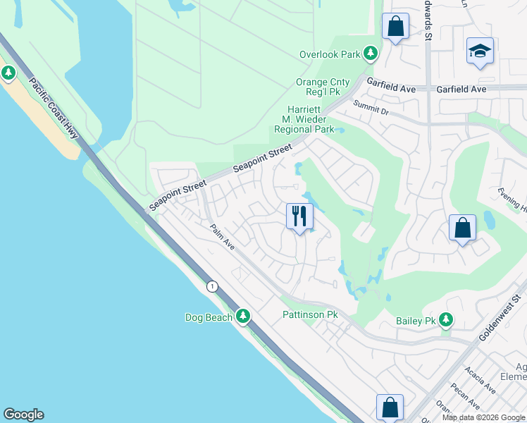 map of restaurants, bars, coffee shops, grocery stores, and more near 6112 Greenbrier Drive in Huntington Beach