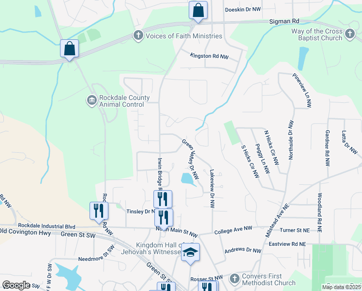 map of restaurants, bars, coffee shops, grocery stores, and more near 1059 Green Valley Drive Northwest in Conyers