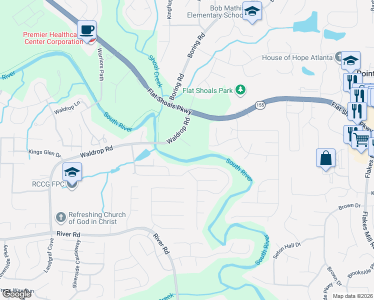 map of restaurants, bars, coffee shops, grocery stores, and more near 3946 Waldrop Hills Drive in Decatur