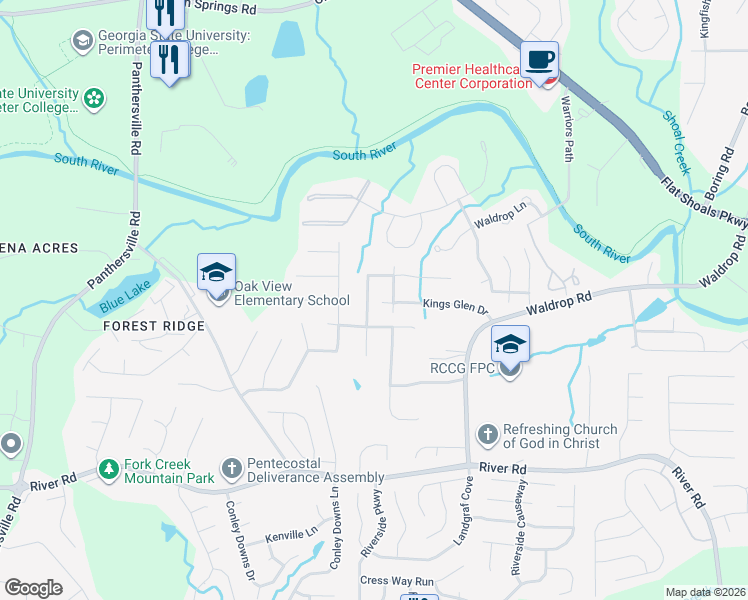 map of restaurants, bars, coffee shops, grocery stores, and more near 3023 Kings Glen Trail in Decatur