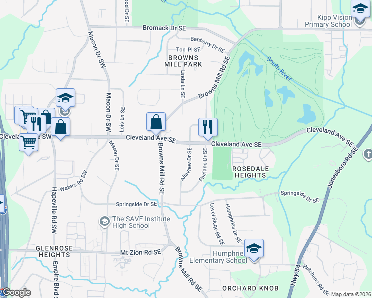 map of restaurants, bars, coffee shops, grocery stores, and more near 2759 Altaview Drive Southeast in Atlanta