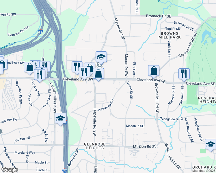 map of restaurants, bars, coffee shops, grocery stores, and more near 90 Cleveland Avenue Southwest in Atlanta