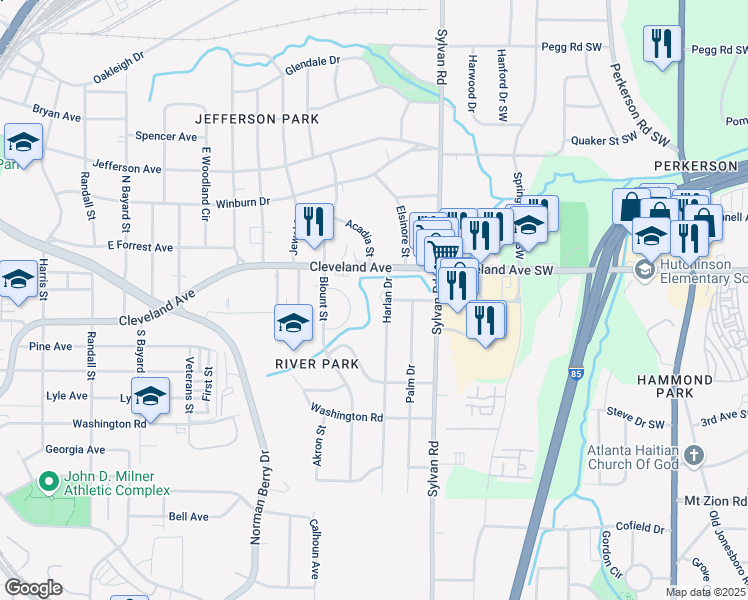 map of restaurants, bars, coffee shops, grocery stores, and more near 2773 Harlan Drive in Atlanta