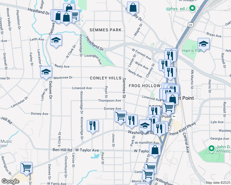 map of restaurants, bars, coffee shops, grocery stores, and more near 1831 Thompson Avenue in East Point