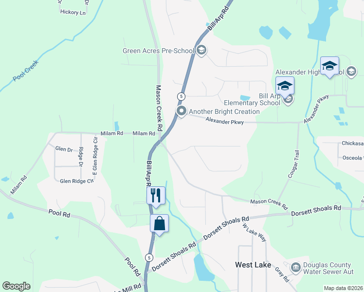 map of restaurants, bars, coffee shops, grocery stores, and more near 6834 Greenoak Drive in Douglasville