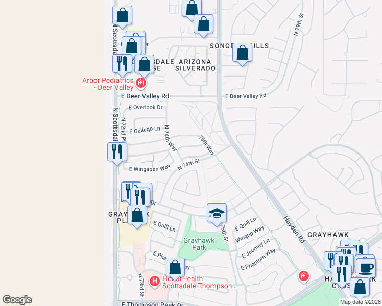 map of restaurants, bars, coffee shops, grocery stores, and more near 7458 East Wingspan Way in Scottsdale