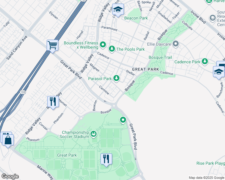 map of restaurants, bars, coffee shops, grocery stores, and more near 181 Carmine in Irvine