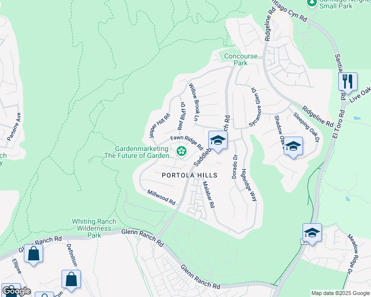 map of restaurants, bars, coffee shops, grocery stores, and more near 28426 Yosemite Drive in Trabuco Canyon