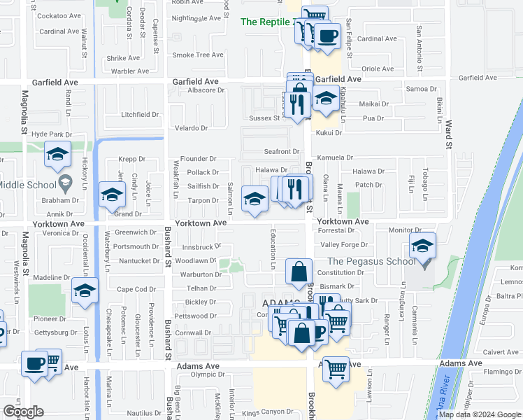 map of restaurants, bars, coffee shops, grocery stores, and more near 9811 Fair Tide Circle in Huntington Beach