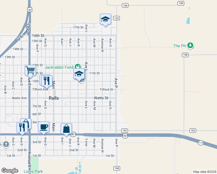 map of restaurants, bars, coffee shops, grocery stores, and more near 1402 Ave O in Ralls