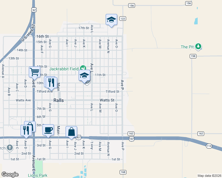 map of restaurants, bars, coffee shops, grocery stores, and more near 1402 Ave O in Ralls