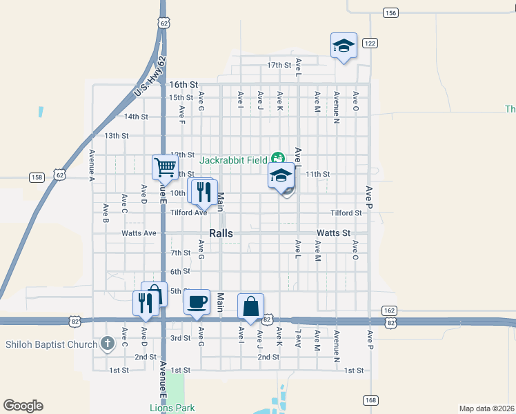 map of restaurants, bars, coffee shops, grocery stores, and more near Ave J in Ralls