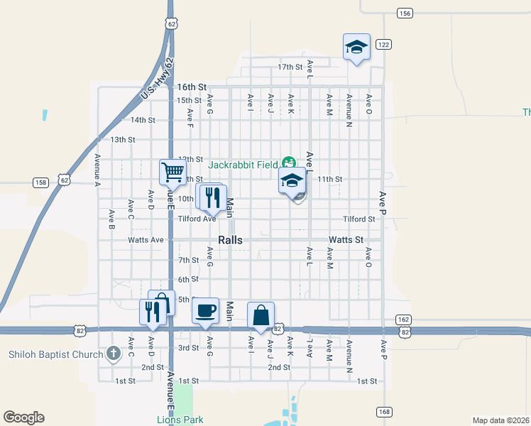 map of restaurants, bars, coffee shops, grocery stores, and more near Ave J in Ralls