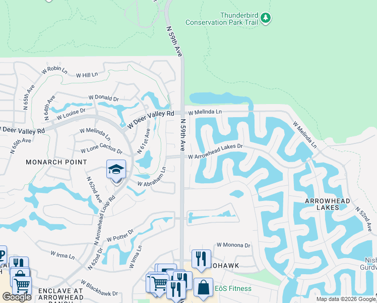 map of restaurants, bars, coffee shops, grocery stores, and more near 21560 North 58th Drive in Glendale