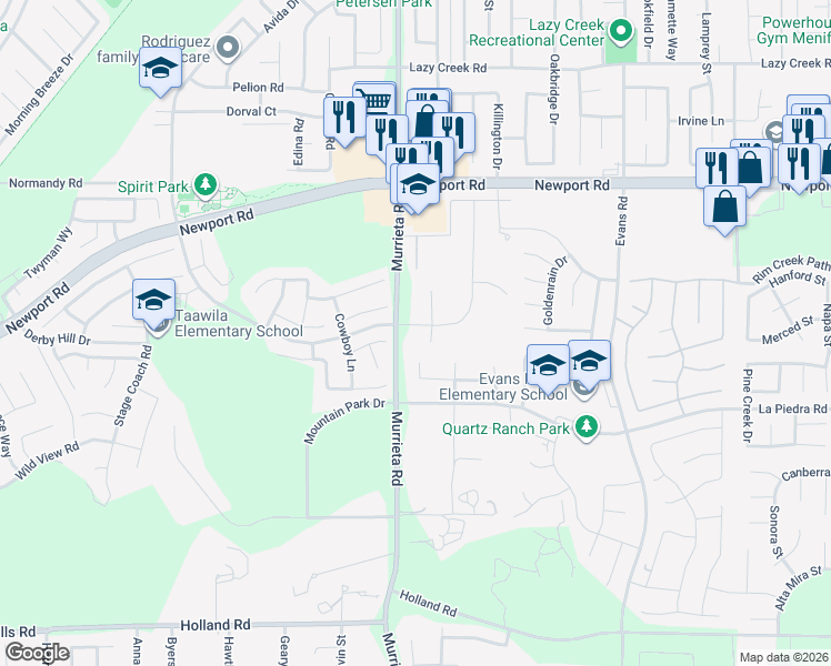 map of restaurants, bars, coffee shops, grocery stores, and more near 30381 Canyon Point Circle in Menifee