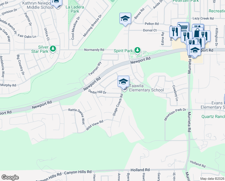 map of restaurants, bars, coffee shops, grocery stores, and more near 25442 Wagon Trail Lane in Menifee