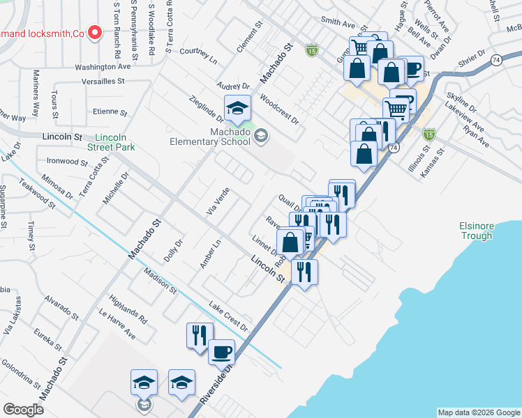 map of restaurants, bars, coffee shops, grocery stores, and more near 815 Quail Drive in Lake Elsinore