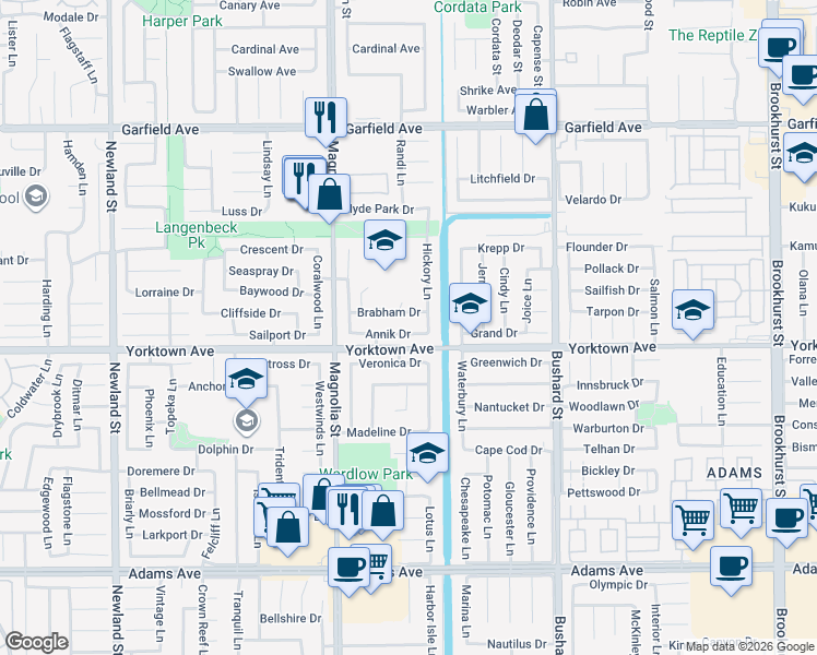 map of restaurants, bars, coffee shops, grocery stores, and more near 9131 Veronica Drive in Huntington Beach