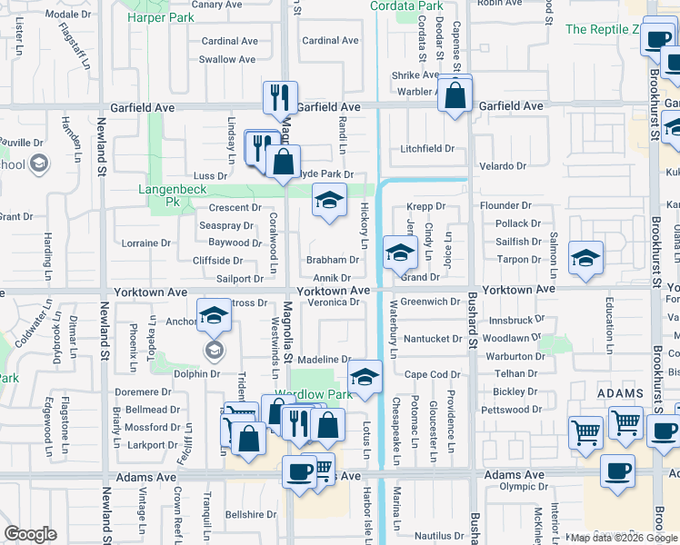 map of restaurants, bars, coffee shops, grocery stores, and more near 9131 Veronica Drive in Huntington Beach