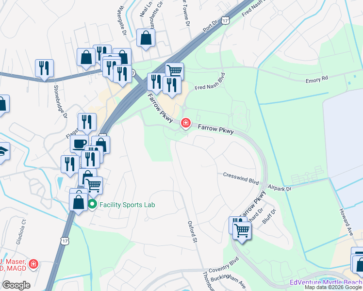 map of restaurants, bars, coffee shops, grocery stores, and more near 1357 Suncrest Drive in Myrtle Beach