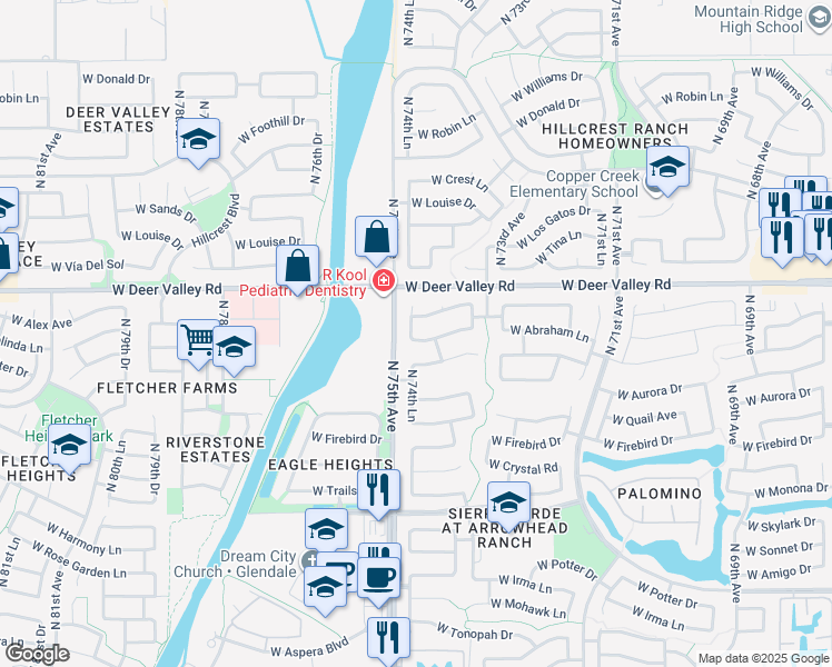 map of restaurants, bars, coffee shops, grocery stores, and more near 7464 West Abraham Lane in Glendale
