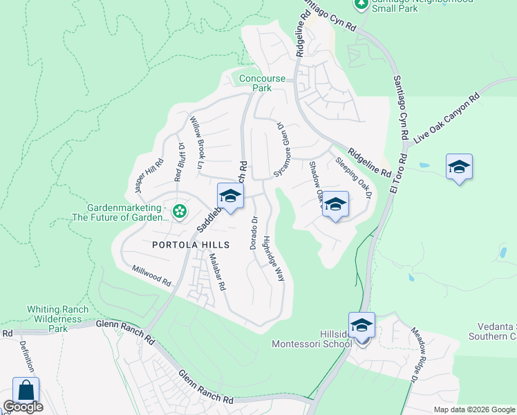 map of restaurants, bars, coffee shops, grocery stores, and more near 19412 Dorado Drive in Trabuco Canyon